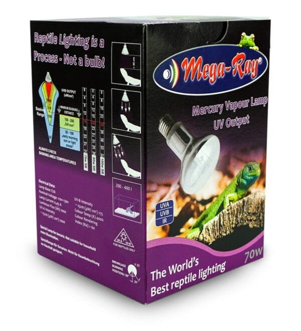 Mega Ray 70 Watt UVB Bulb Side Box Mega-Ray 70W UVB bulb box, side